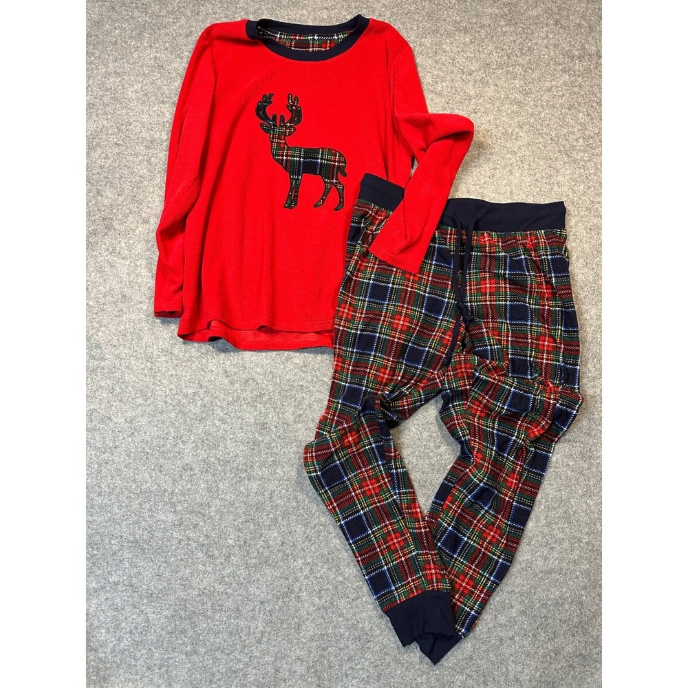 Eddie Bauer Womens Pajama Set Medium Red Waffle‎ Top Plaid Reindeer Jogger Pants